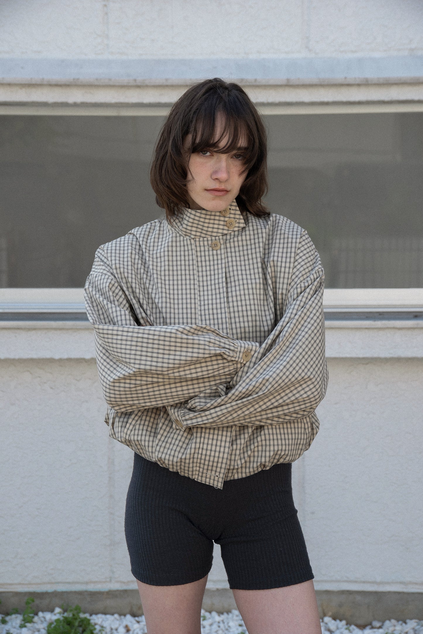 check stand collar blouson