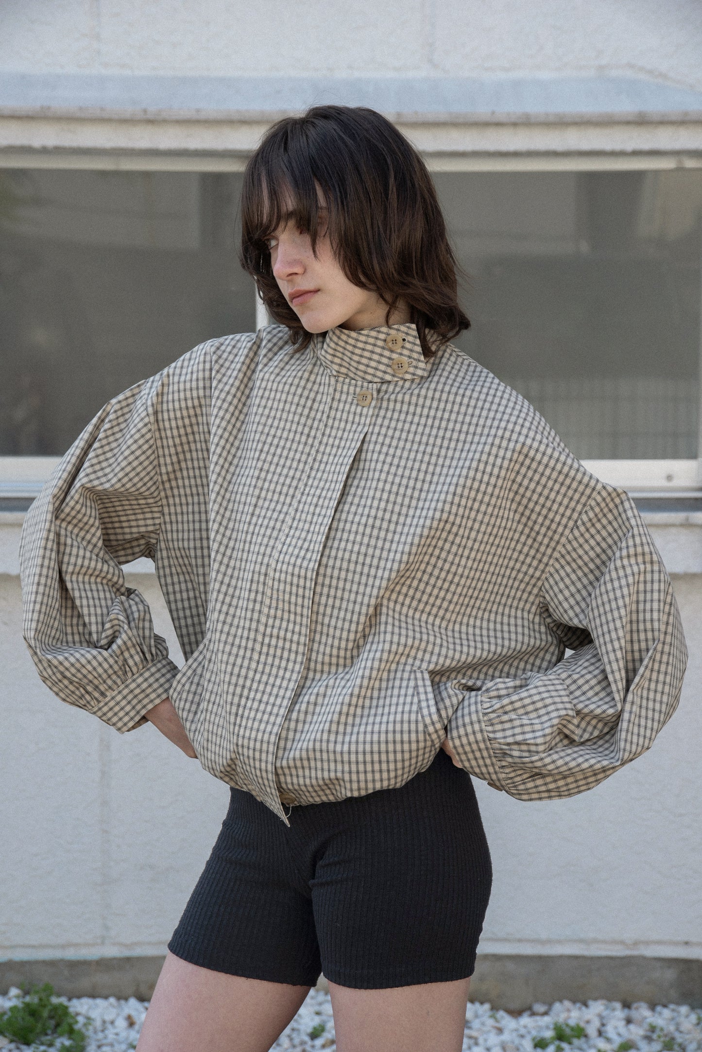 check stand collar blouson
