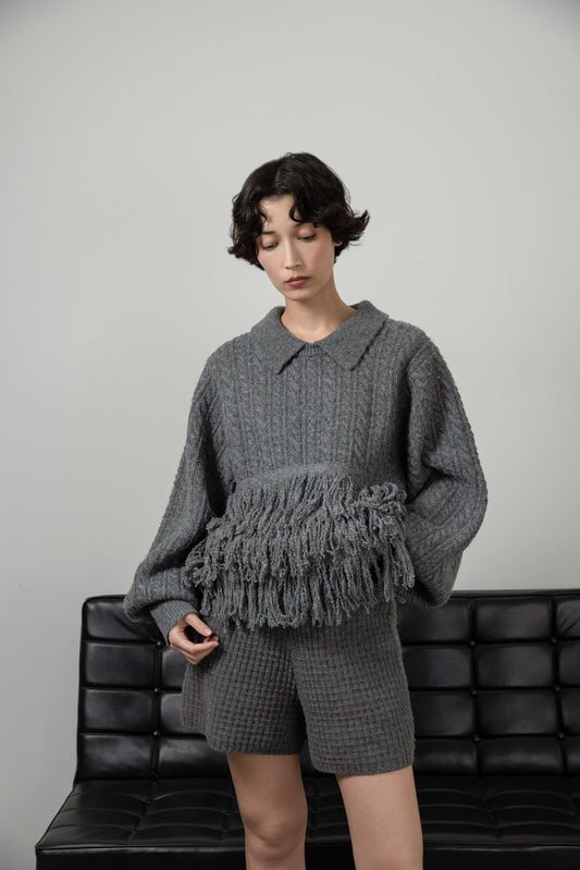 fringe collar cable knit