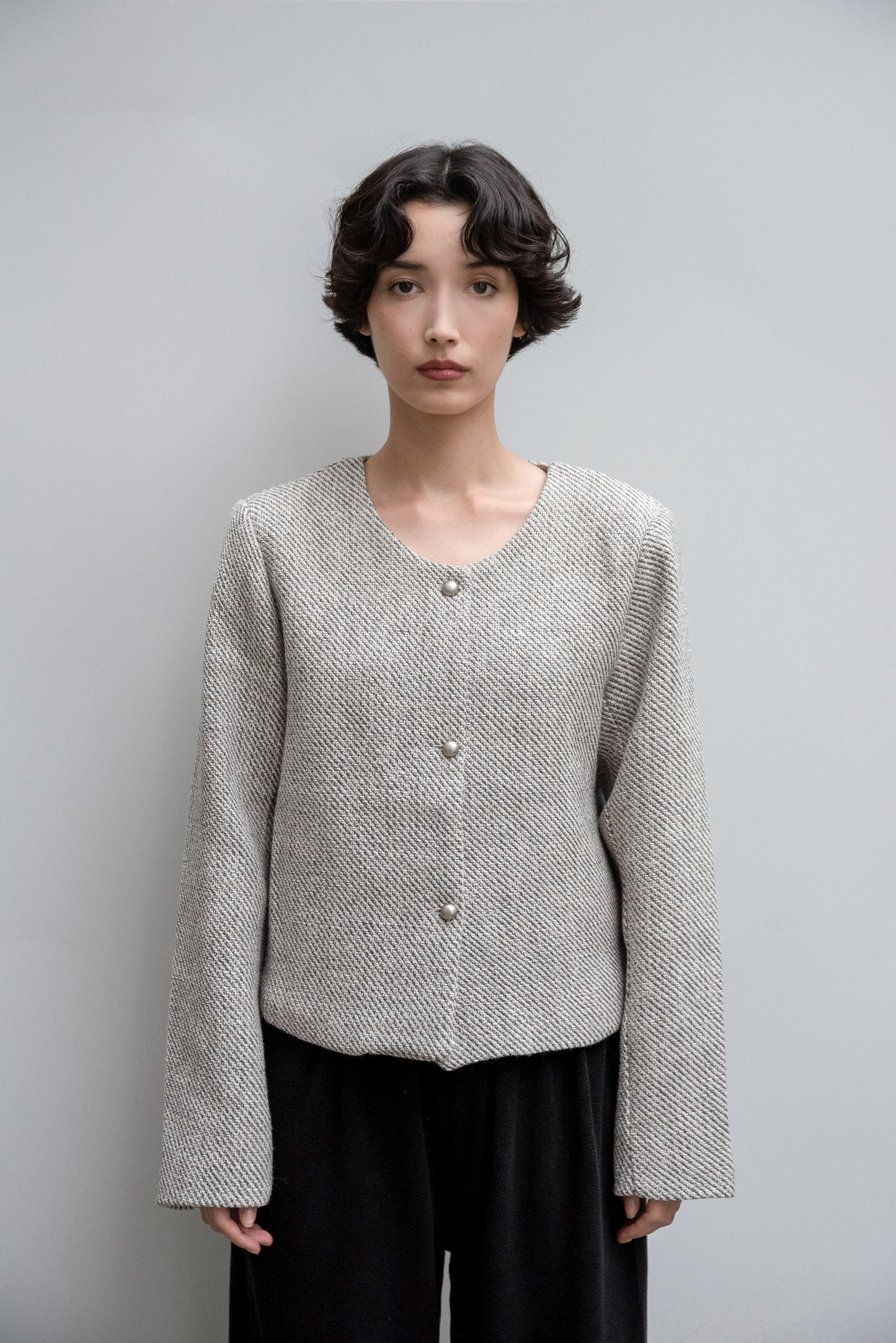 tweed button point nocollar jacket