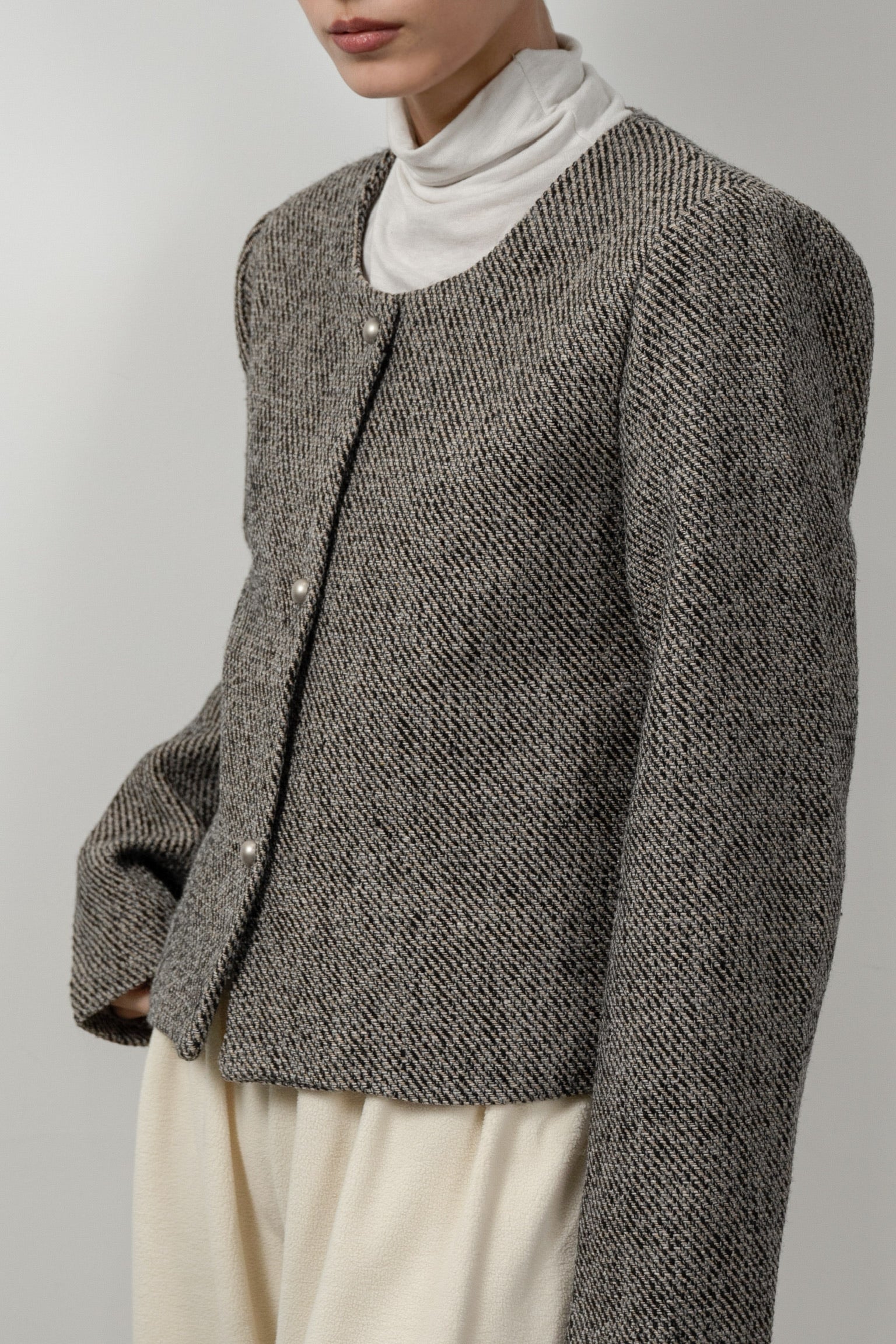 tweed button point nocollar jacket – eim online（エイム オンライン）