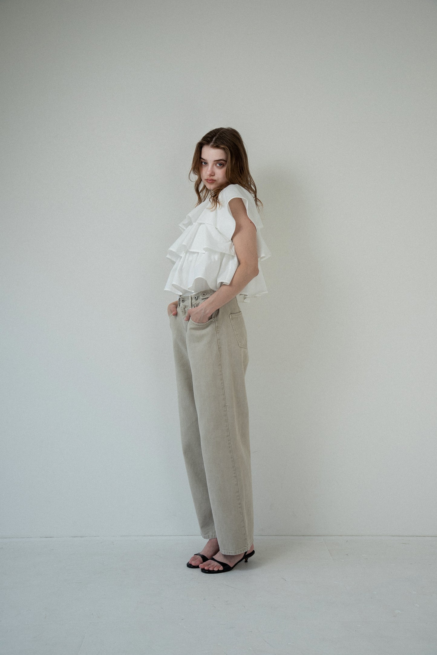 mixed material tiered ruffle tops