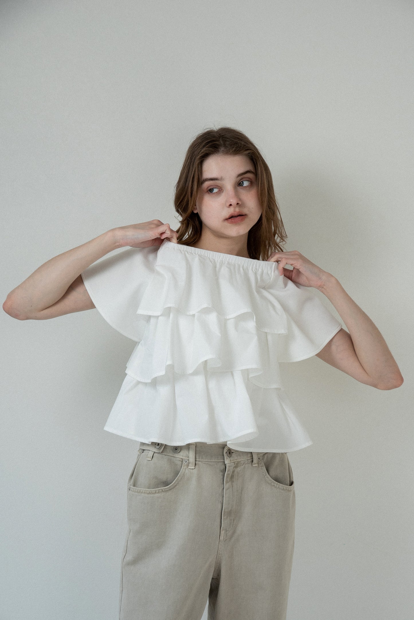 mixed material tiered ruffle tops