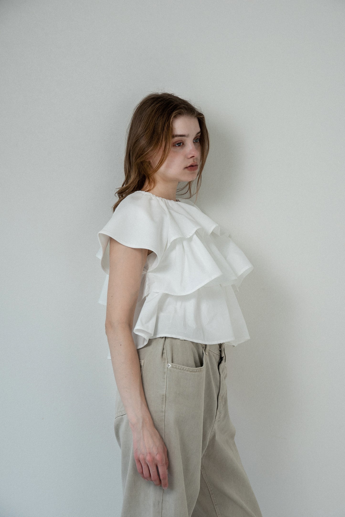 mixed material tiered ruffle tops