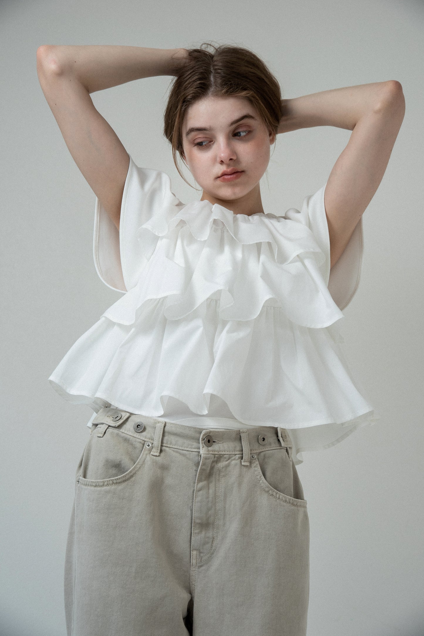 mixed material tiered ruffle tops