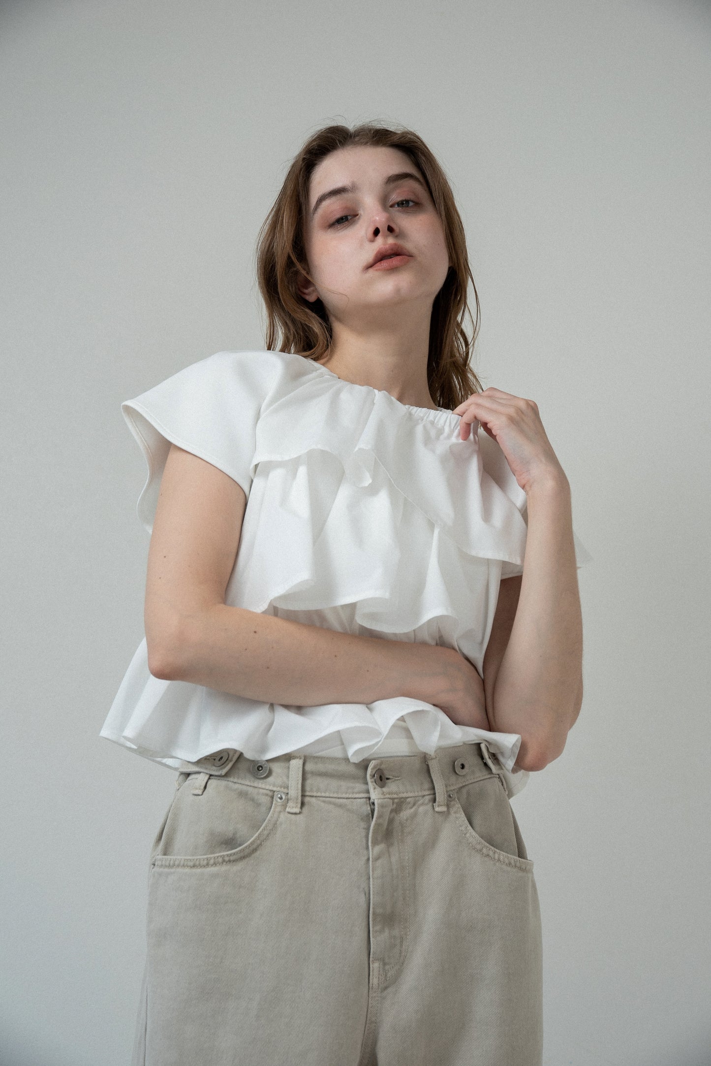 mixed material tiered ruffle tops