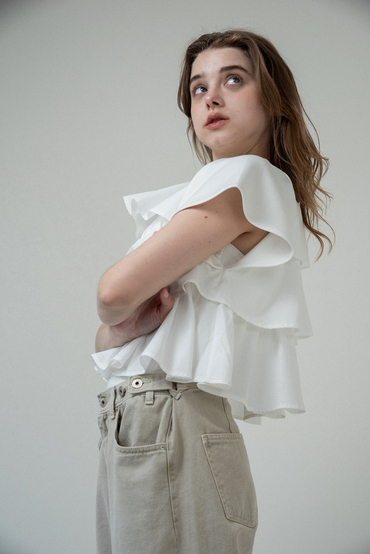mixed material tiered ruffle tops