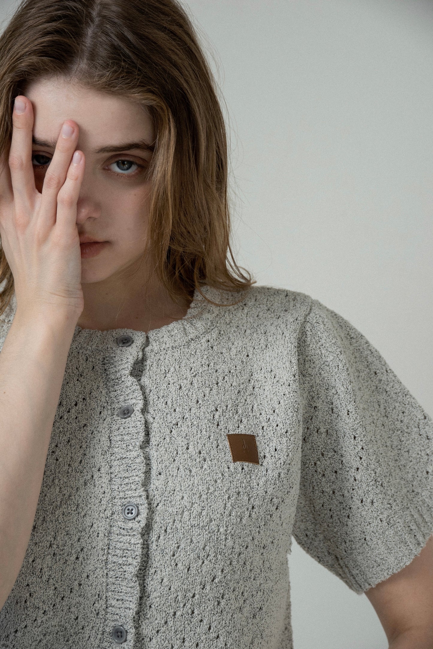 openwork accent patch half sleeve knit