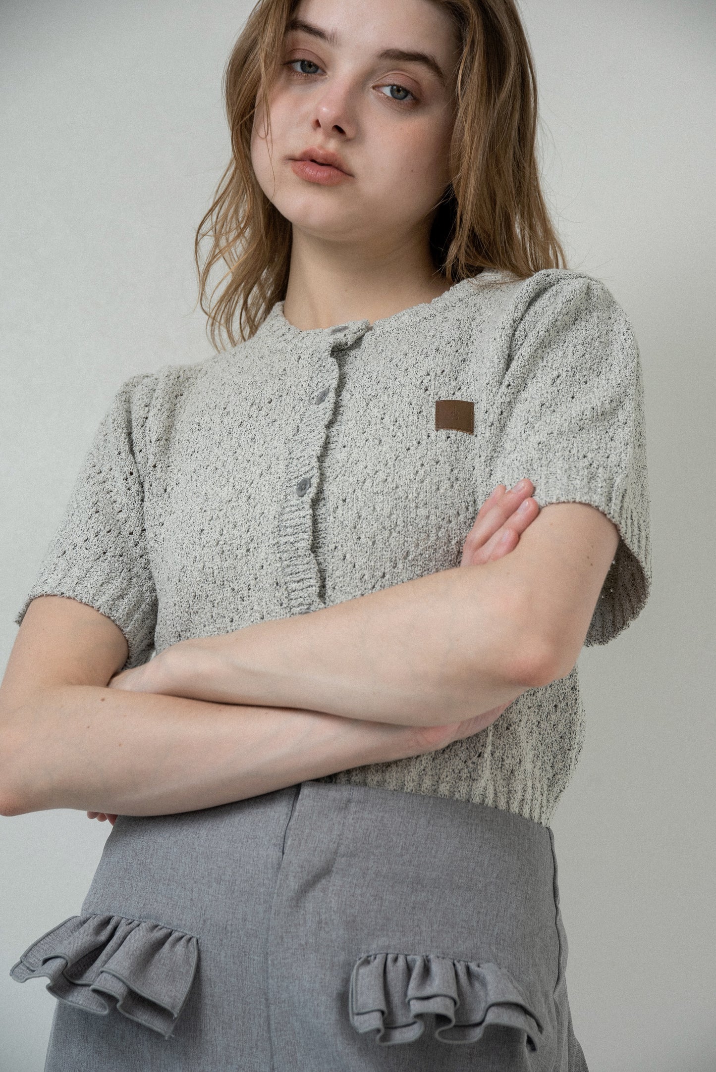 openwork accent patch half sleeve knit