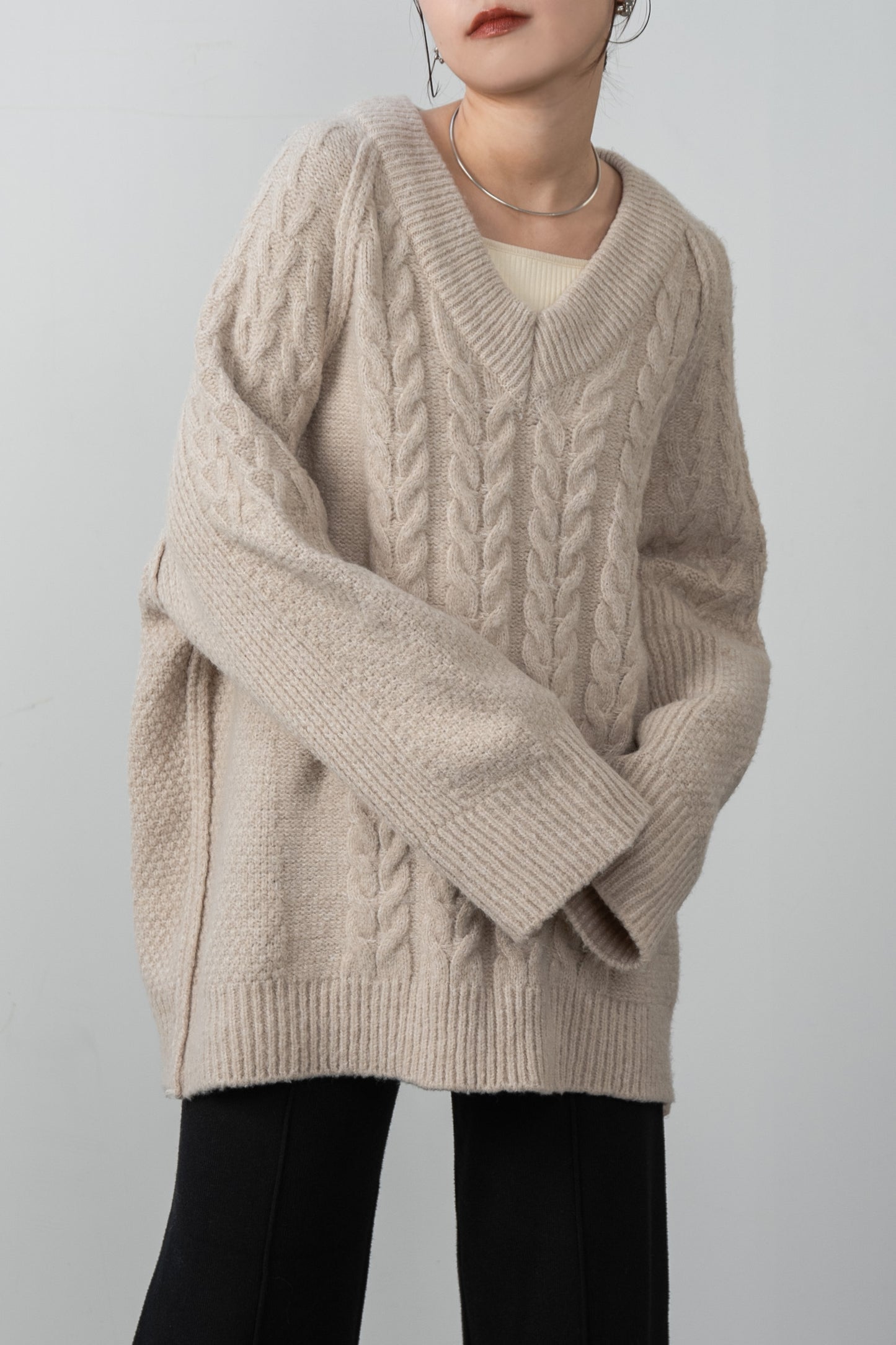 v neck cable loose knit