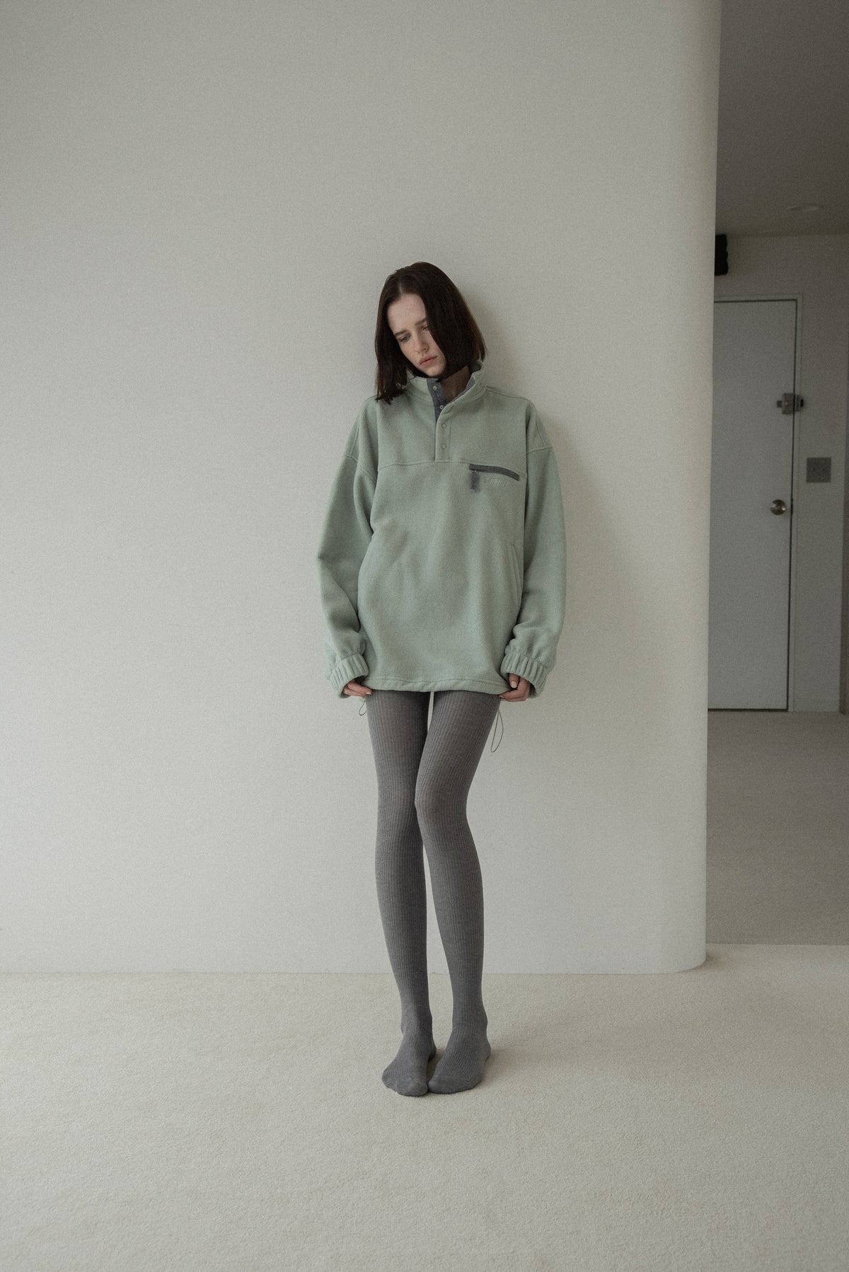 over size embroidery half button fleece