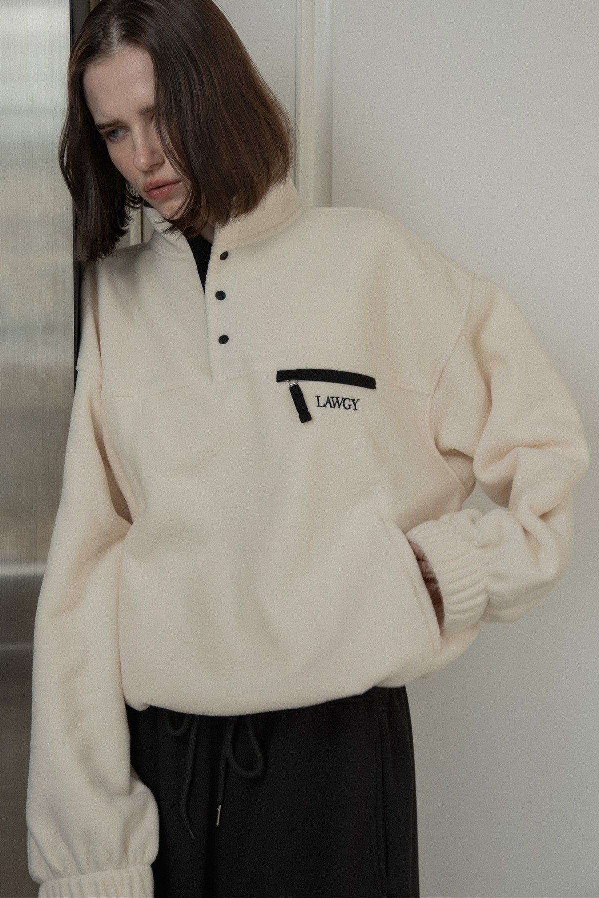 over size embroidery half button fleece