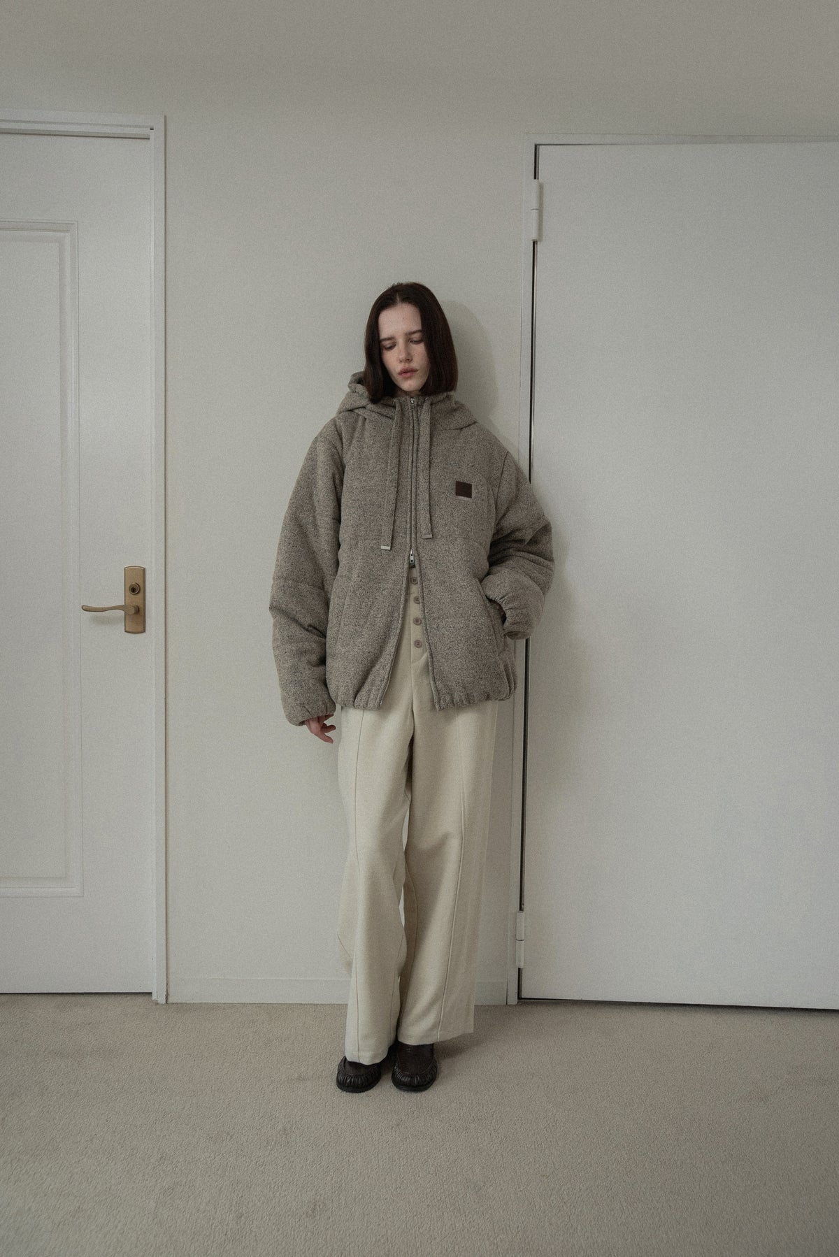 blended fabric patch padded hood coat