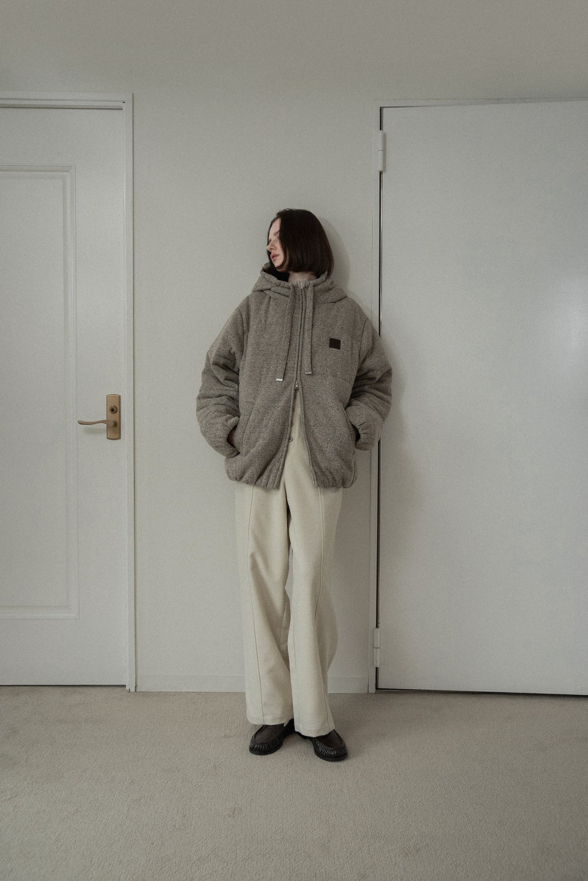 blended fabric patch padded hood coat