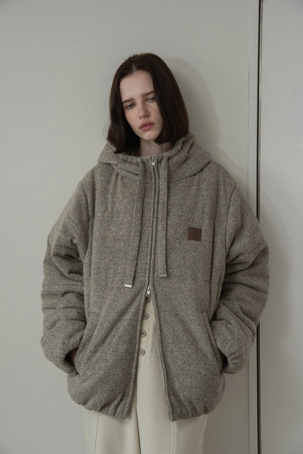 blended fabric patch padded hood coat