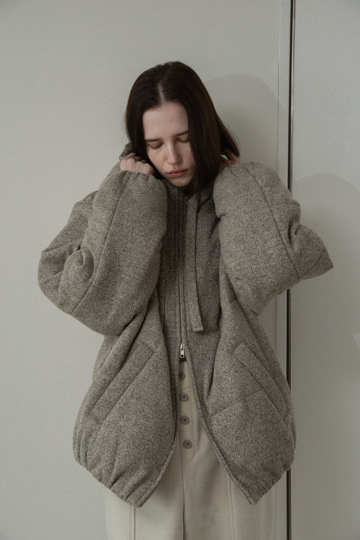 blended fabric patch padded hood coat