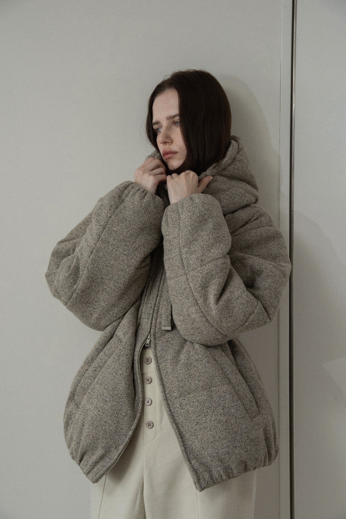 blended fabric patch padded hood coat