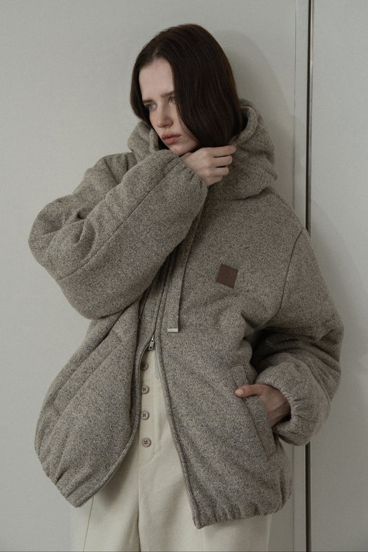 blended fabric patch padded hood coat