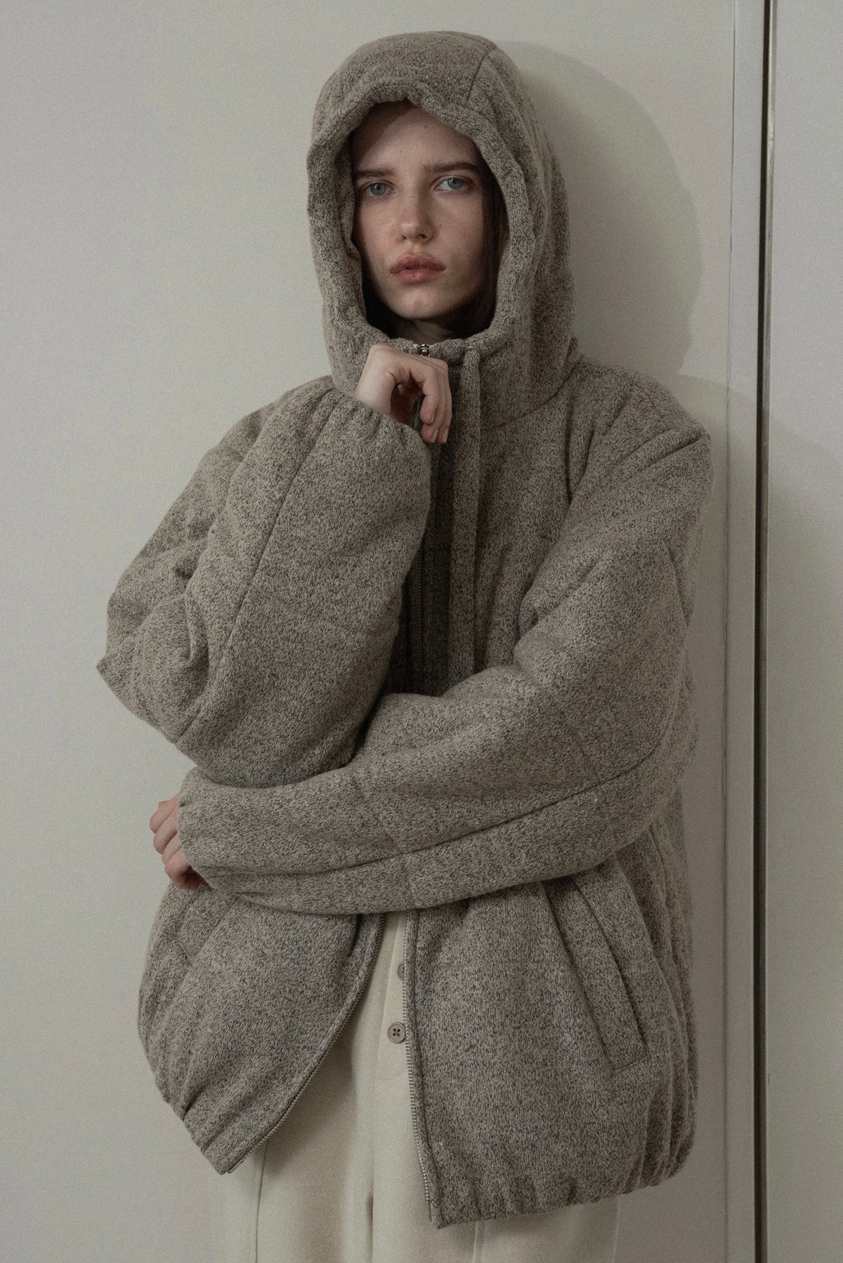 blended fabric patch padded hood coat