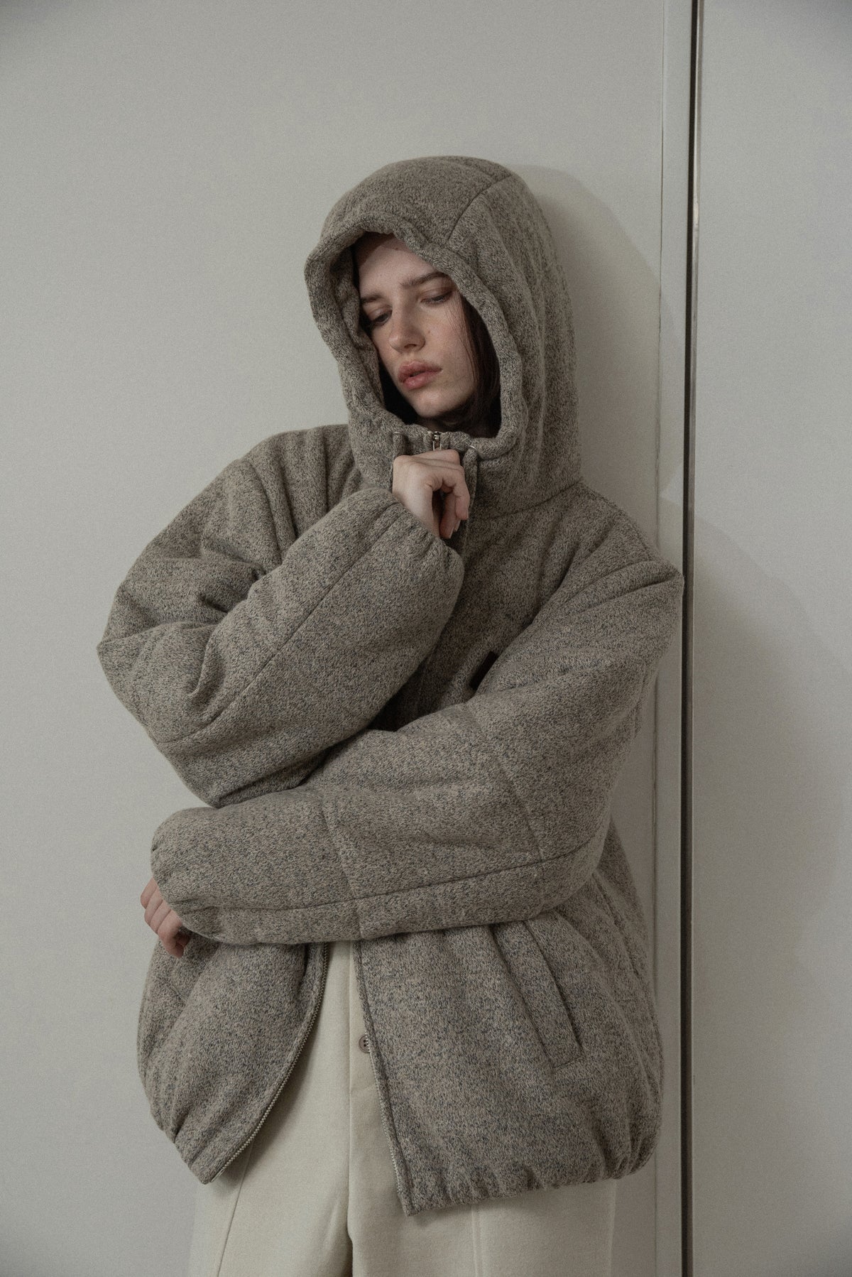 blended fabric patch padded hood coat