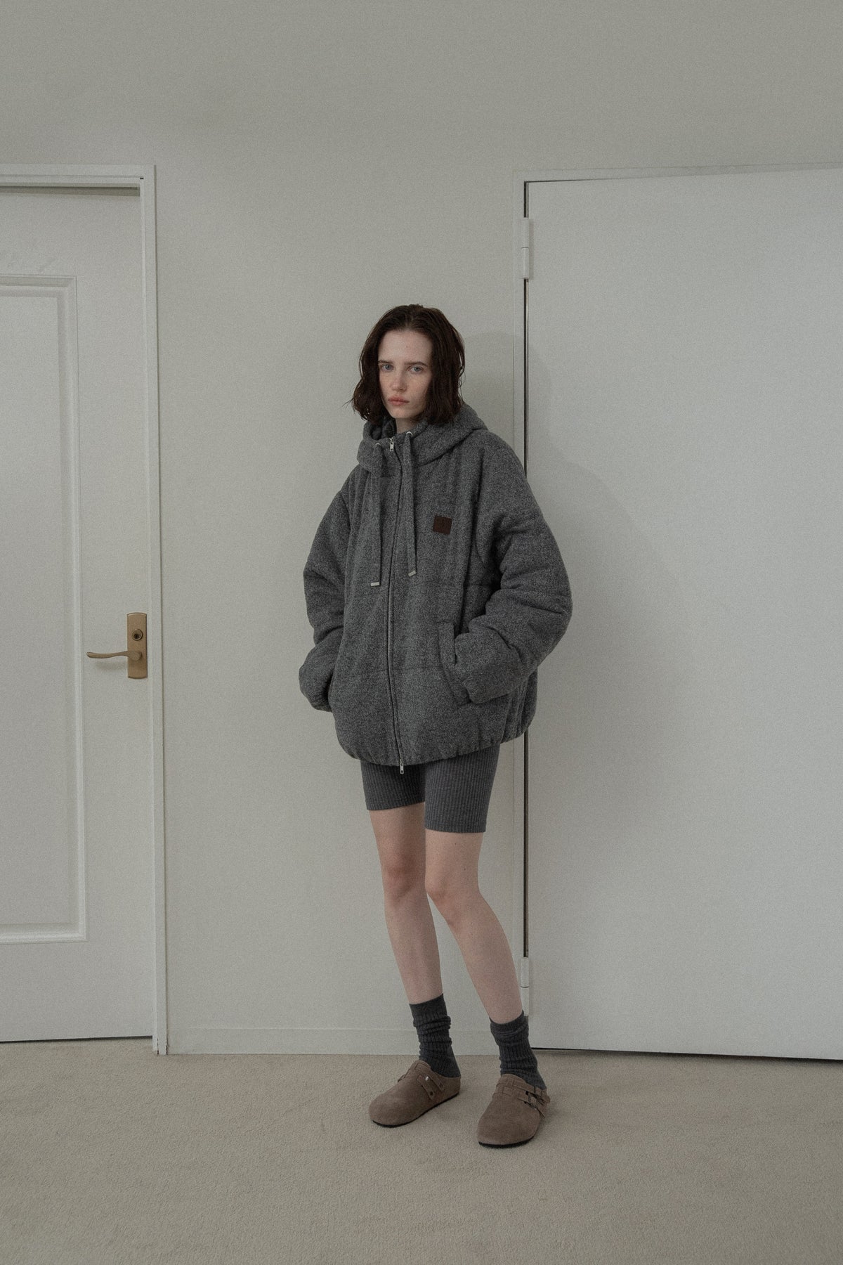 blended fabric patch padded hood coat