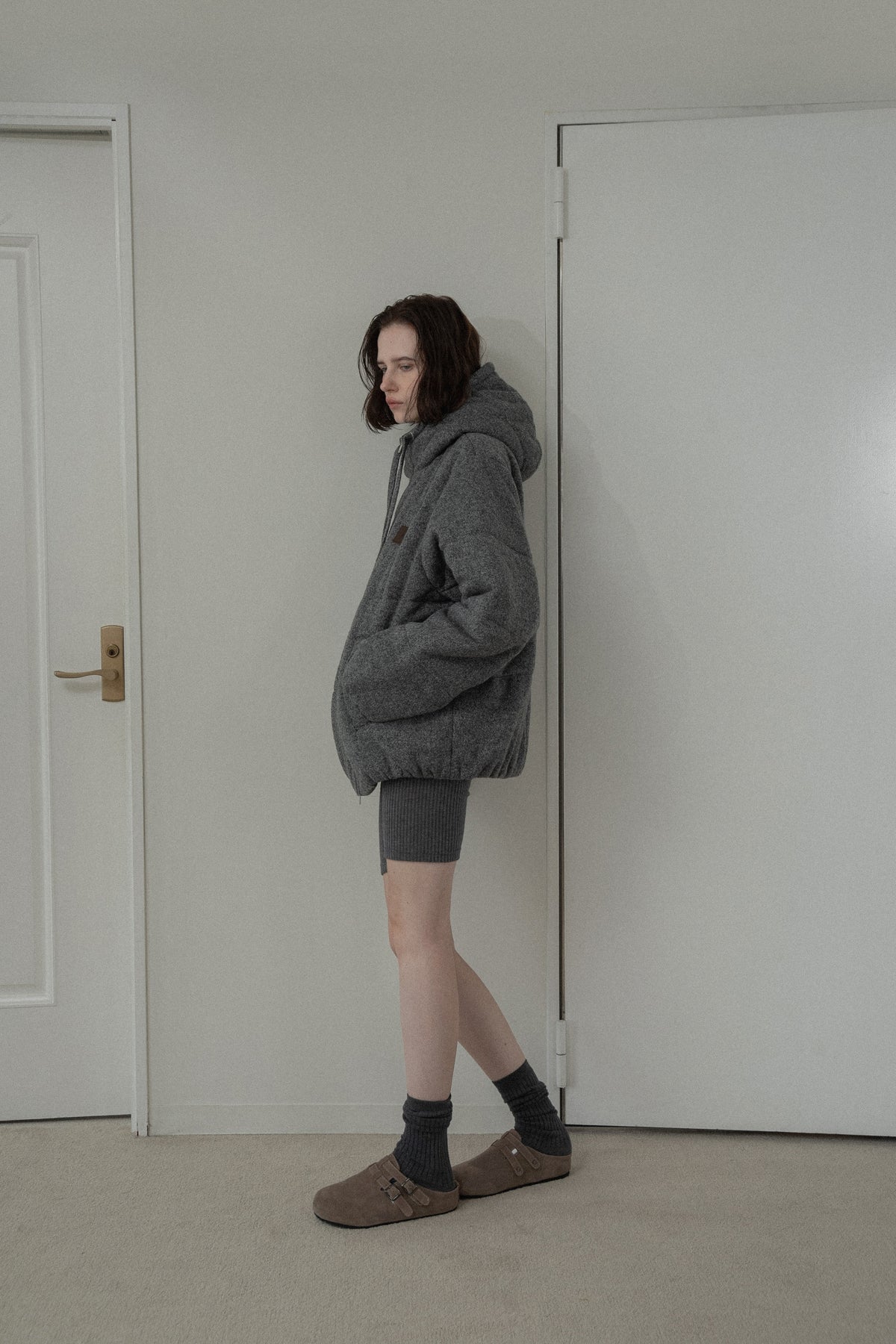blended fabric patch padded hood coat