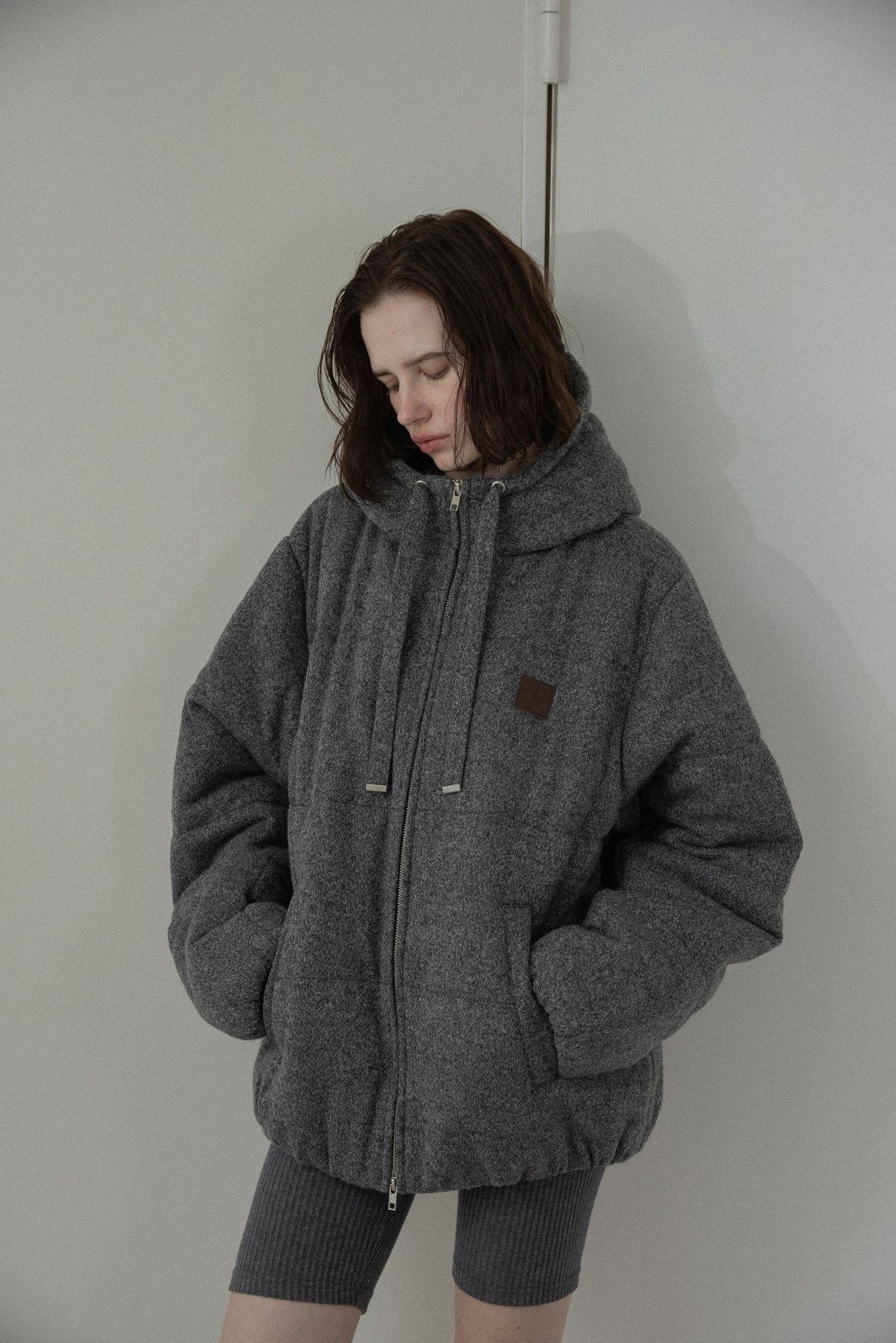 blended fabric patch padded hood coat