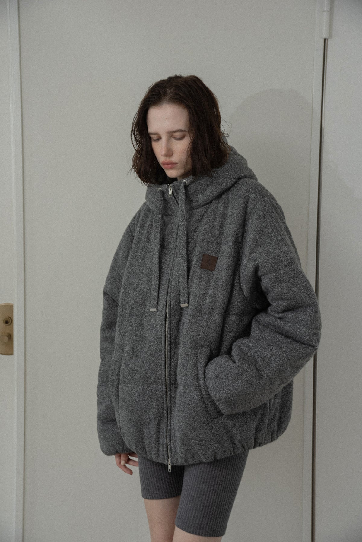 blended fabric patch padded hood coat