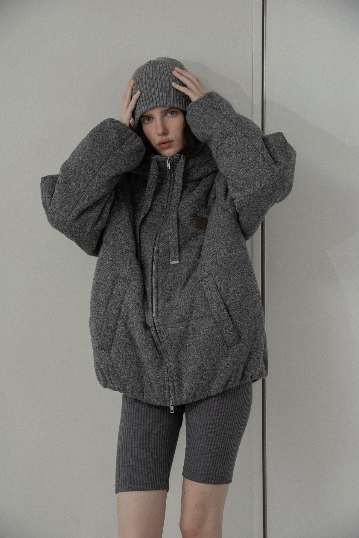 blended fabric patch padded hood coat