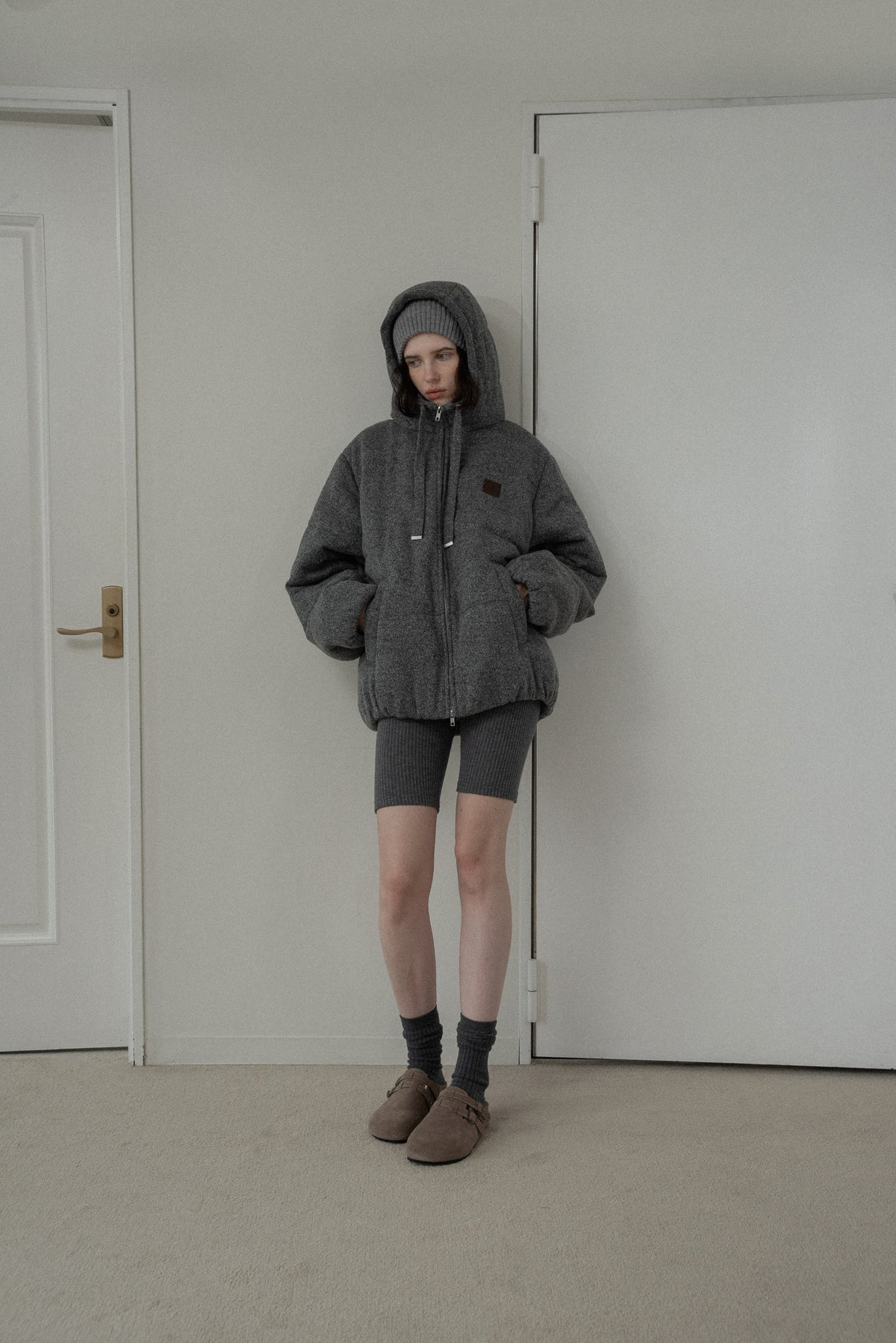 blended fabric patch padded hood coat