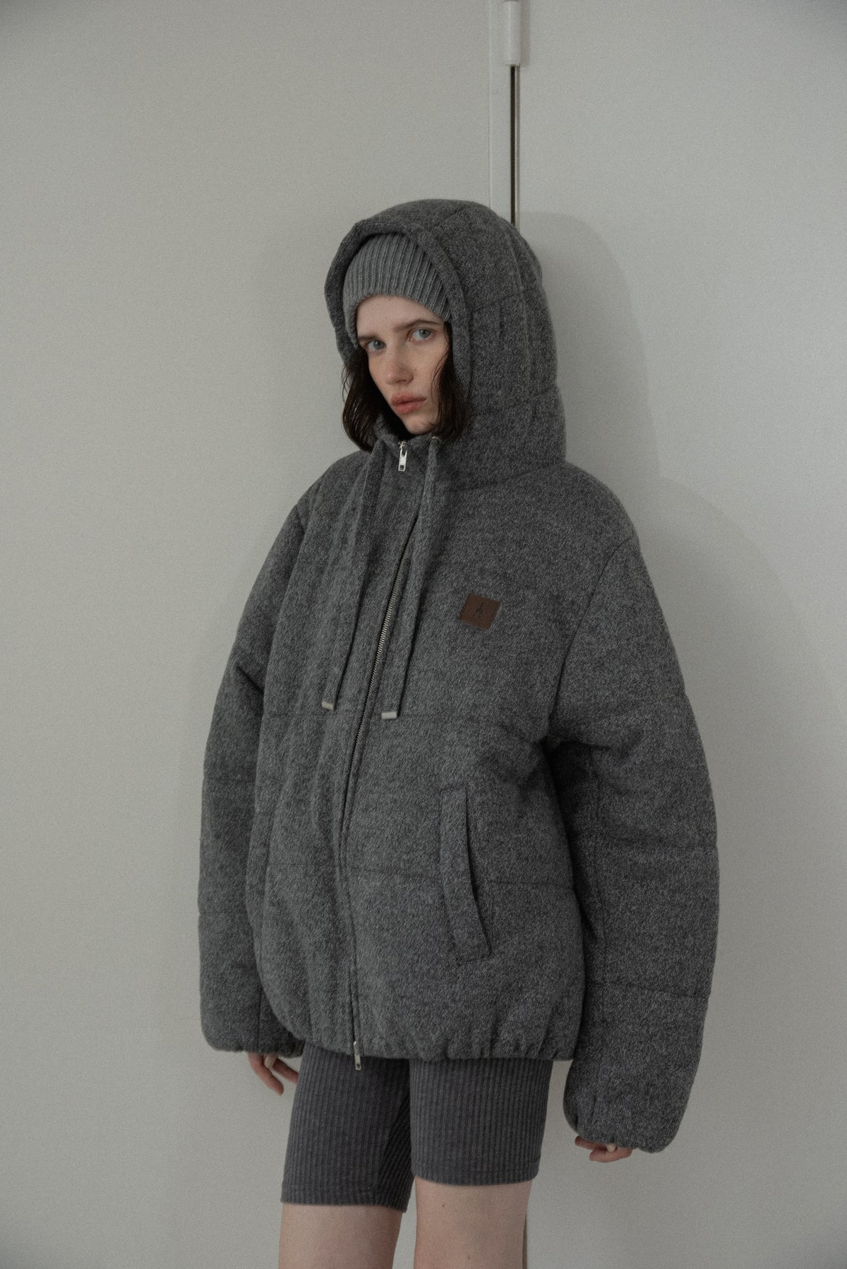 blended fabric patch padded hood coat