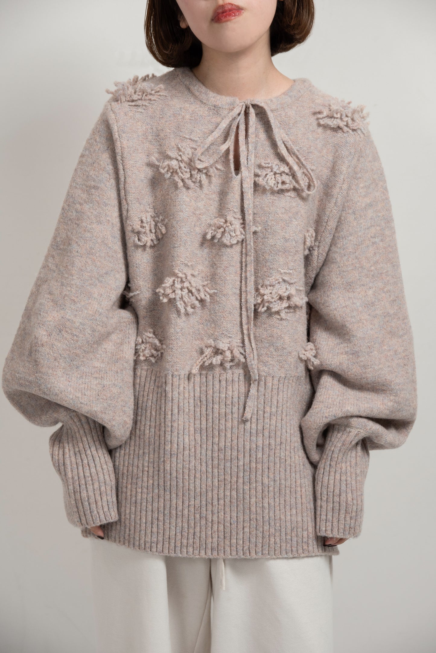 string neck 2way fringe knit