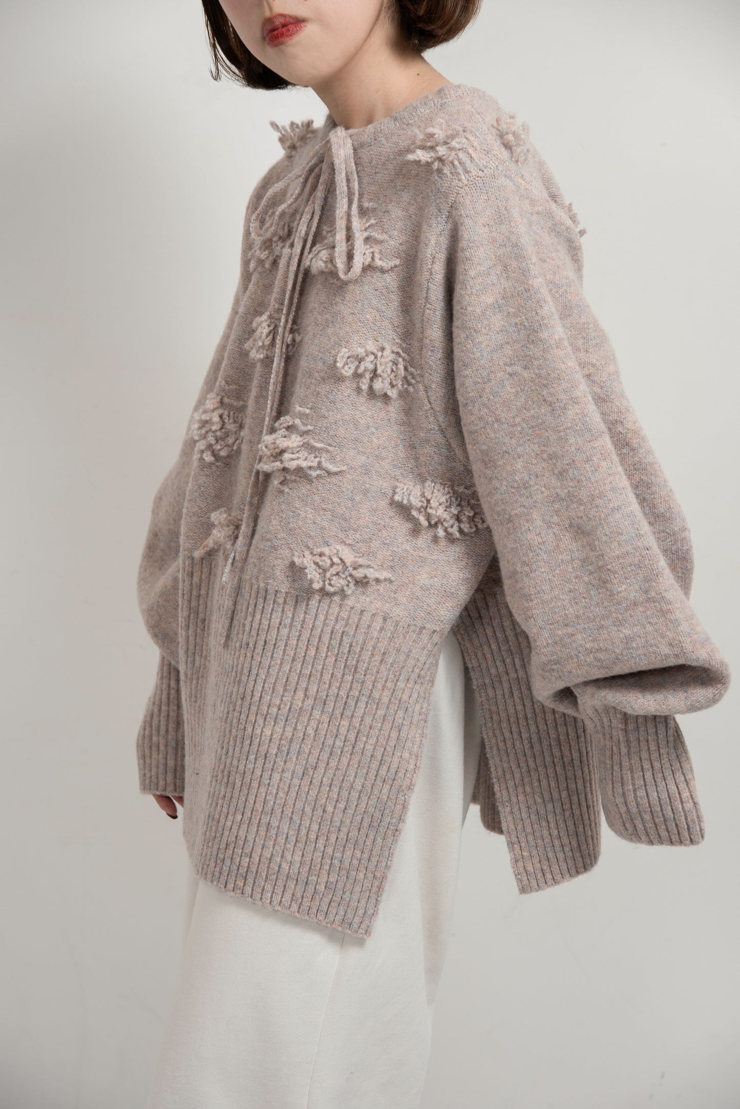 string neck 2way fringe knit