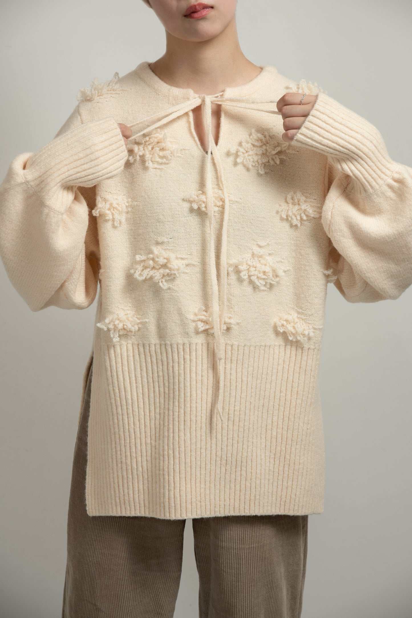 string neck 2way fringe knit