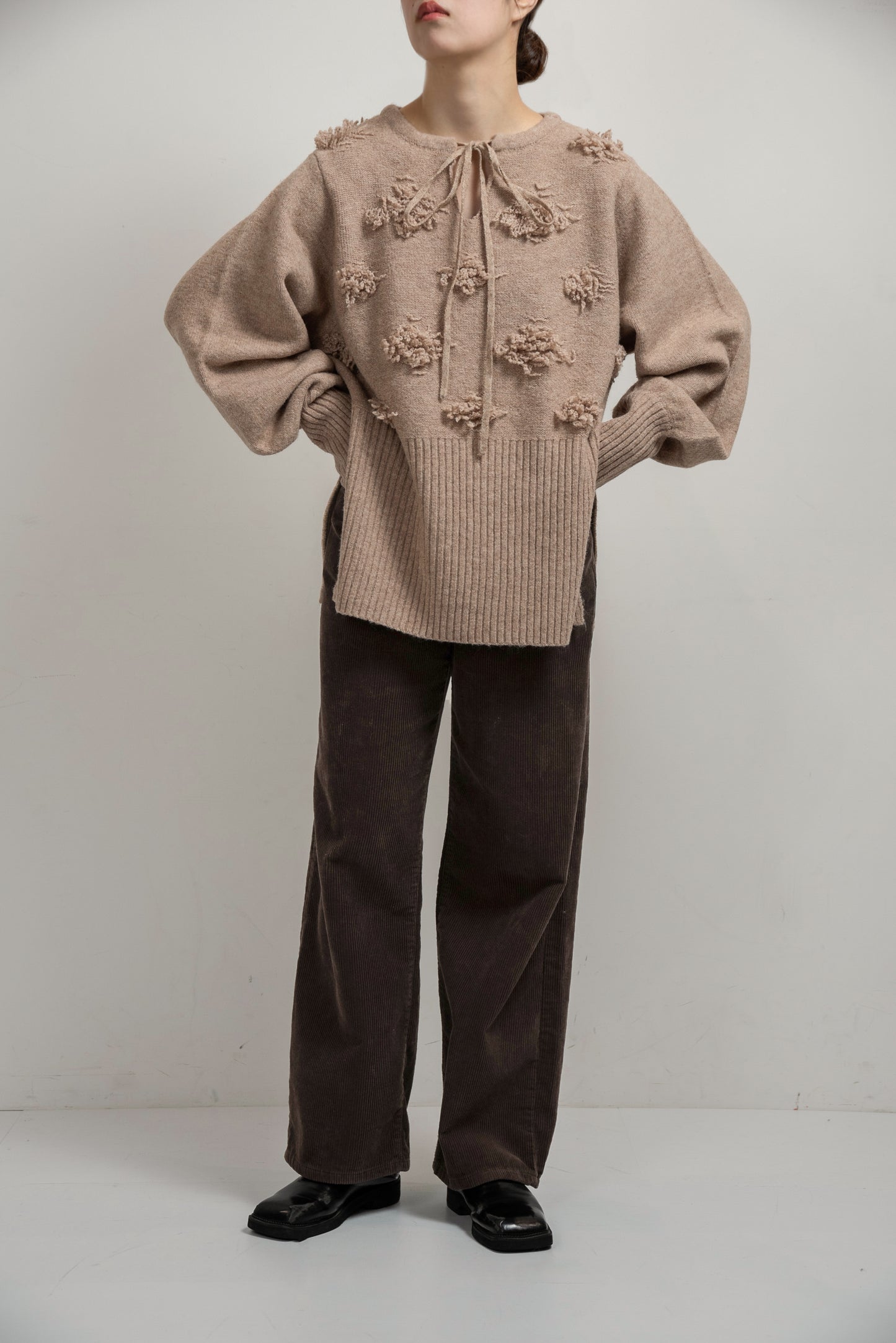 string neck 2way fringe knit