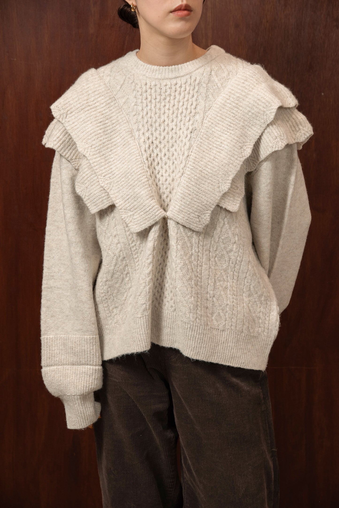 rib frill volume sleeve cable knit