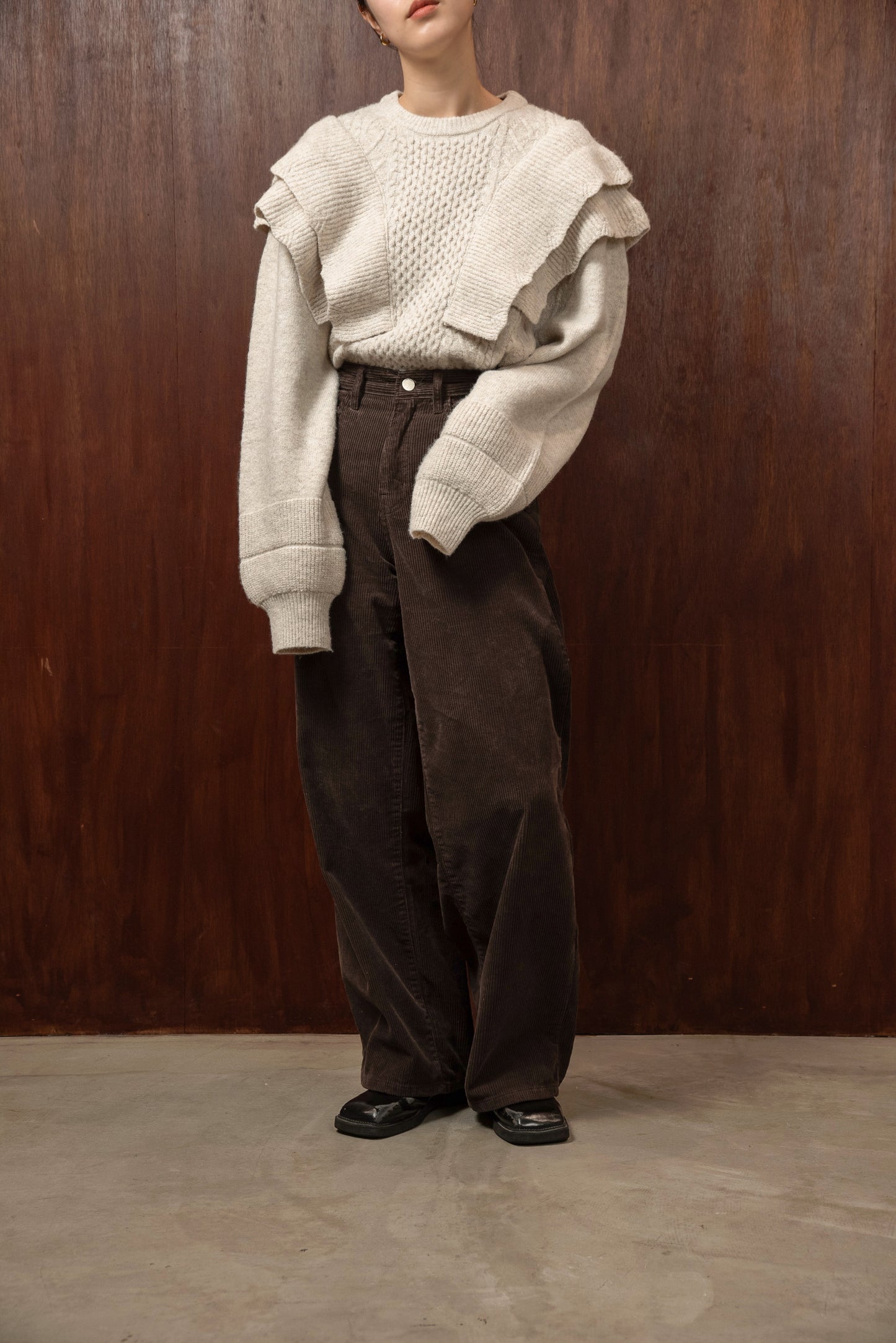 rib frill volume sleeve cable knit