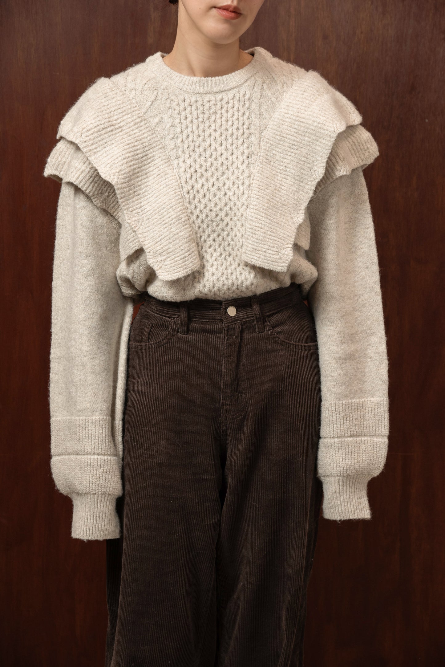 rib frill volume sleeve cable knit