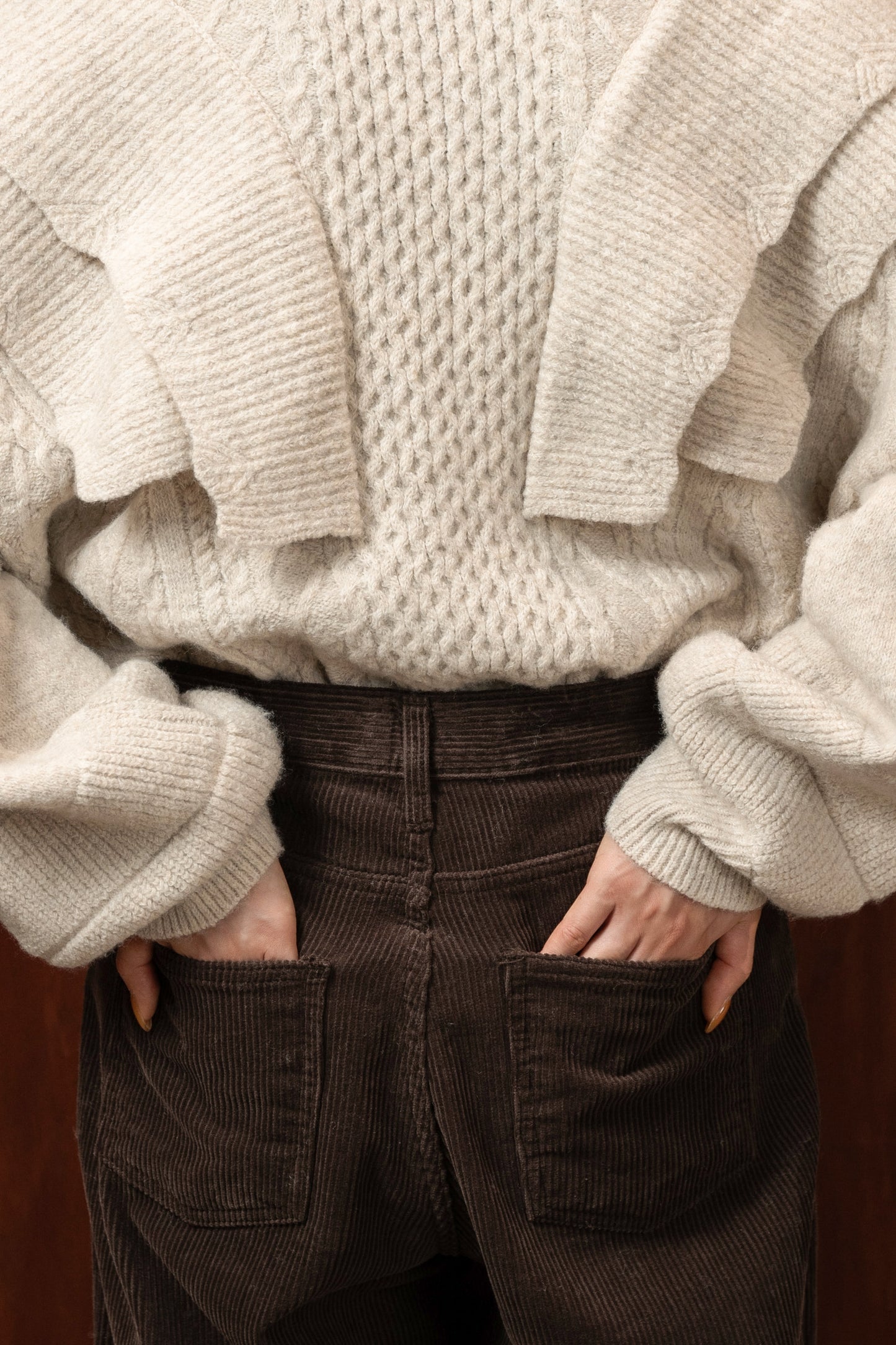 rib frill volume sleeve cable knit