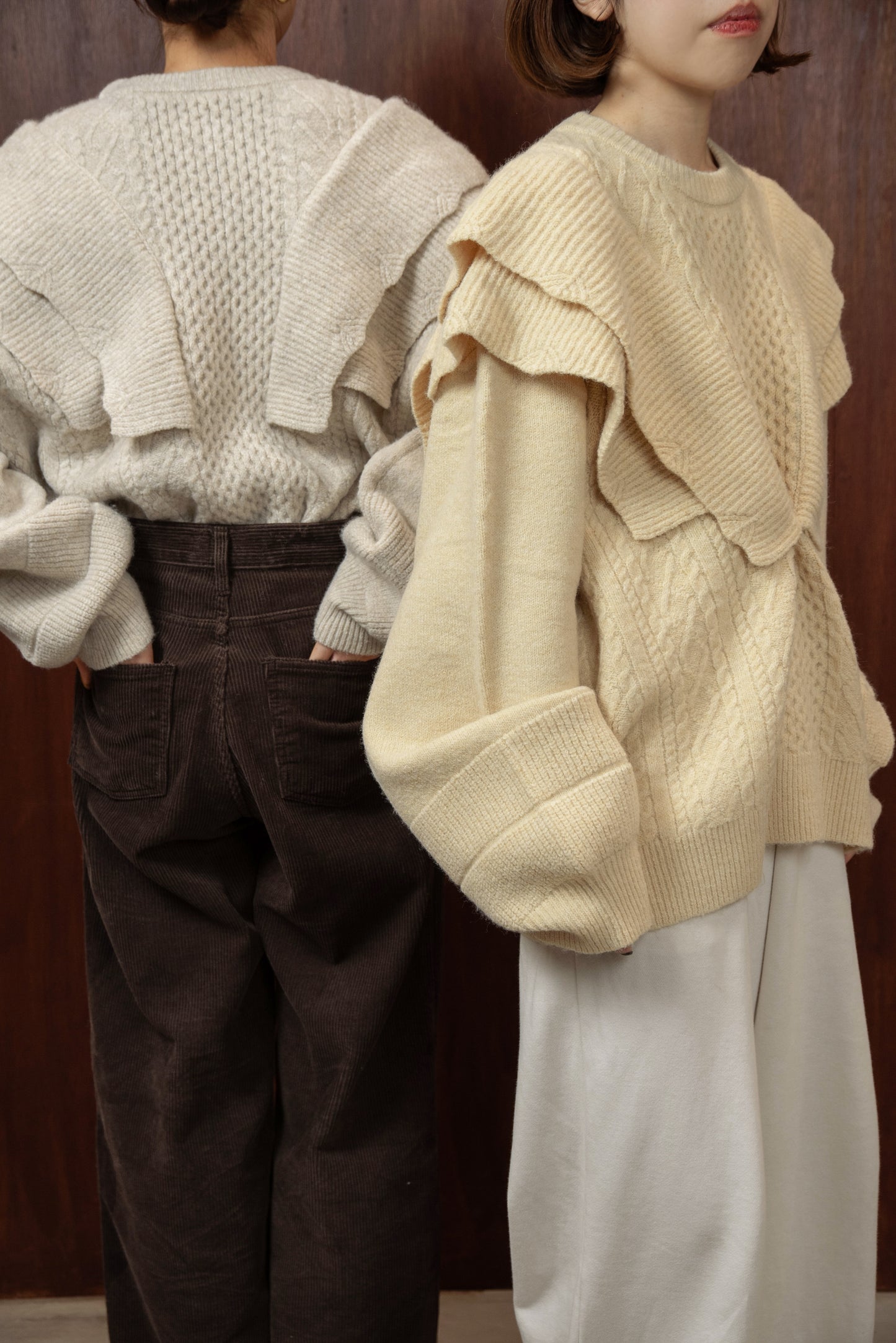 rib frill volume sleeve cable knit