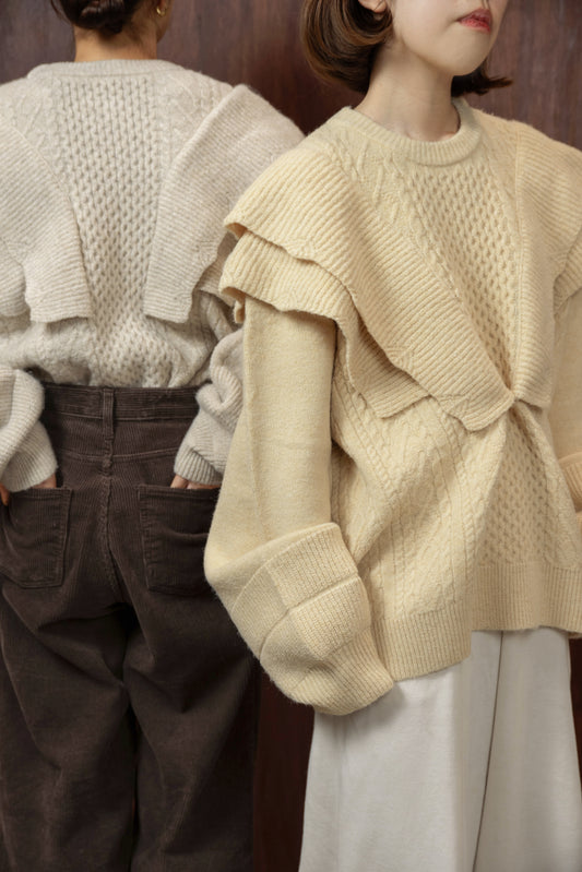 rib frill volume sleeve cable knit