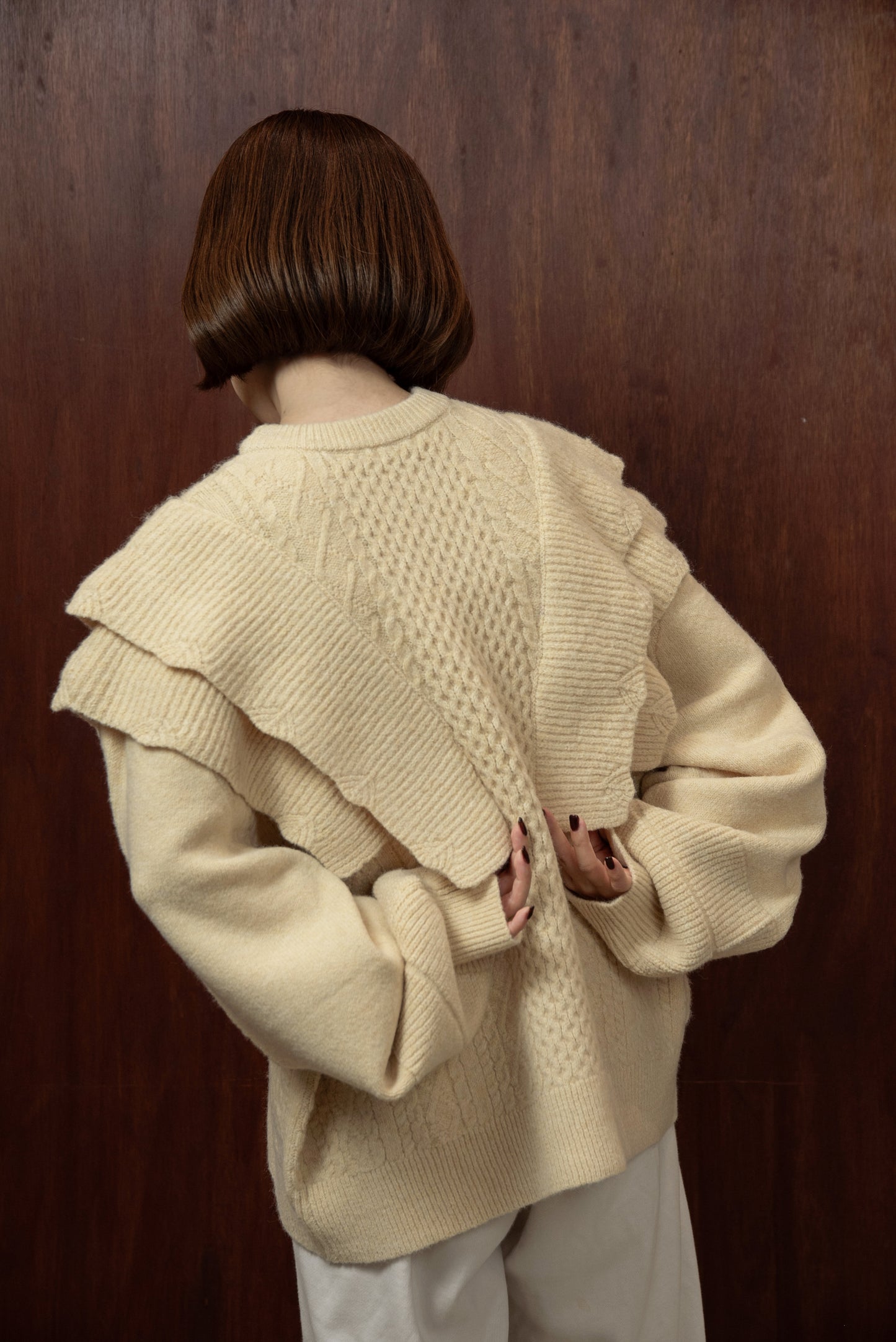 rib frill volume sleeve cable knit
