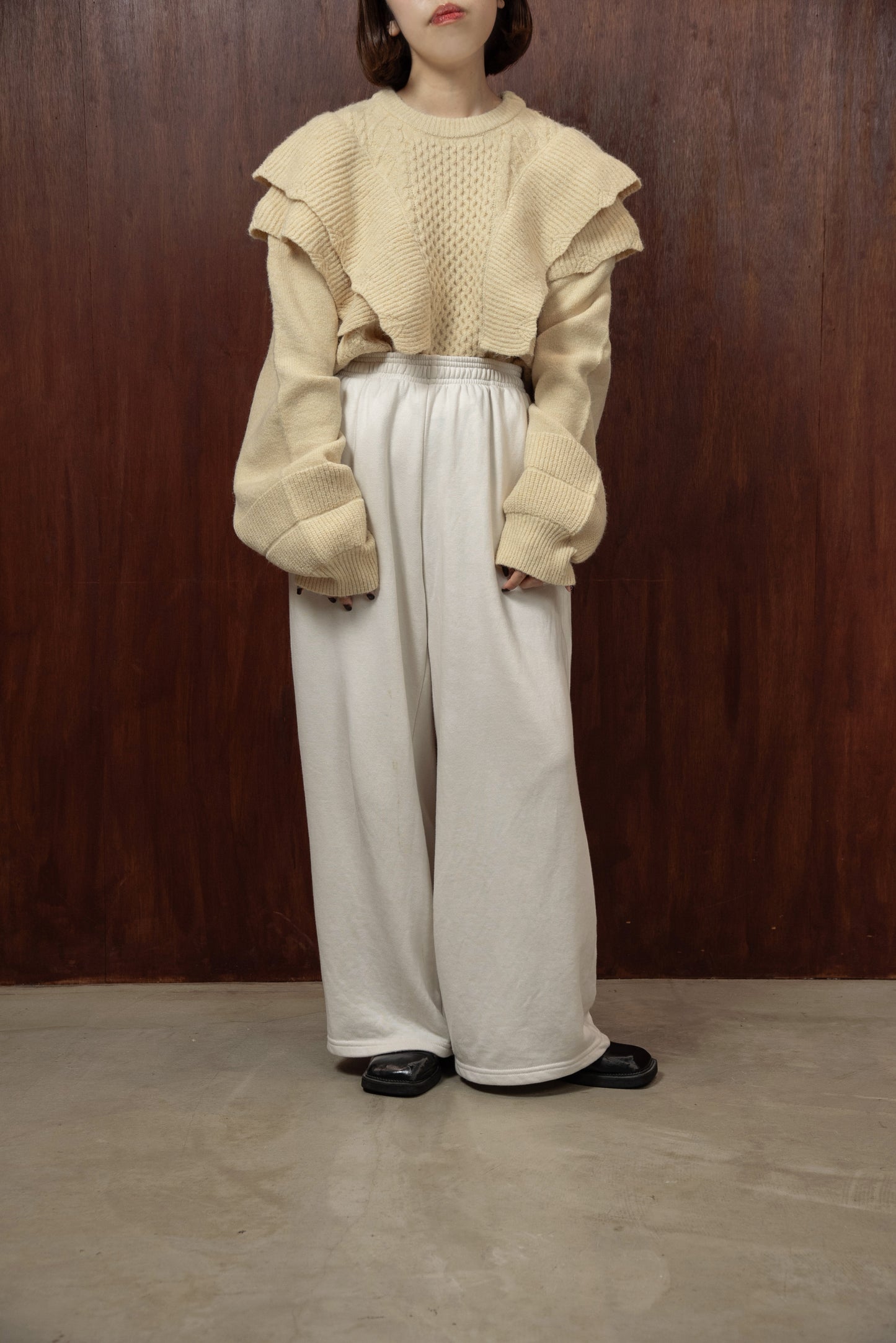 rib frill volume sleeve cable knit