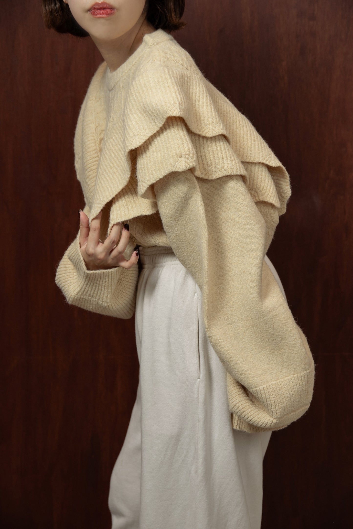 rib frill volume sleeve cable knit