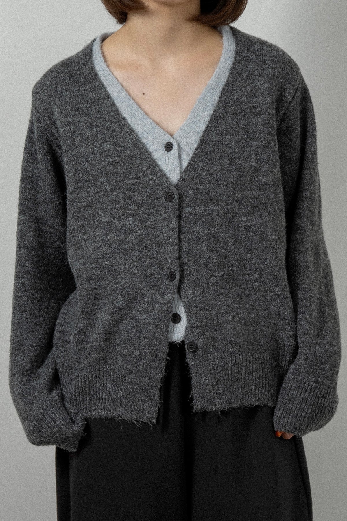 fluffy layered like double v neck cardigan