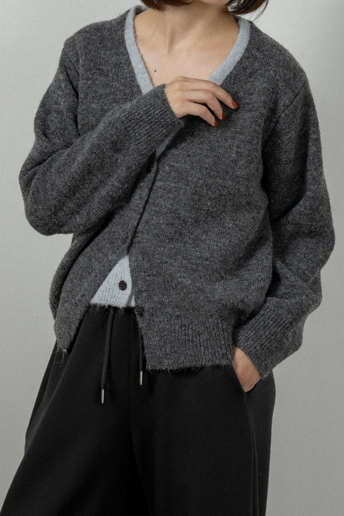 fluffy layered like double v neck cardigan
