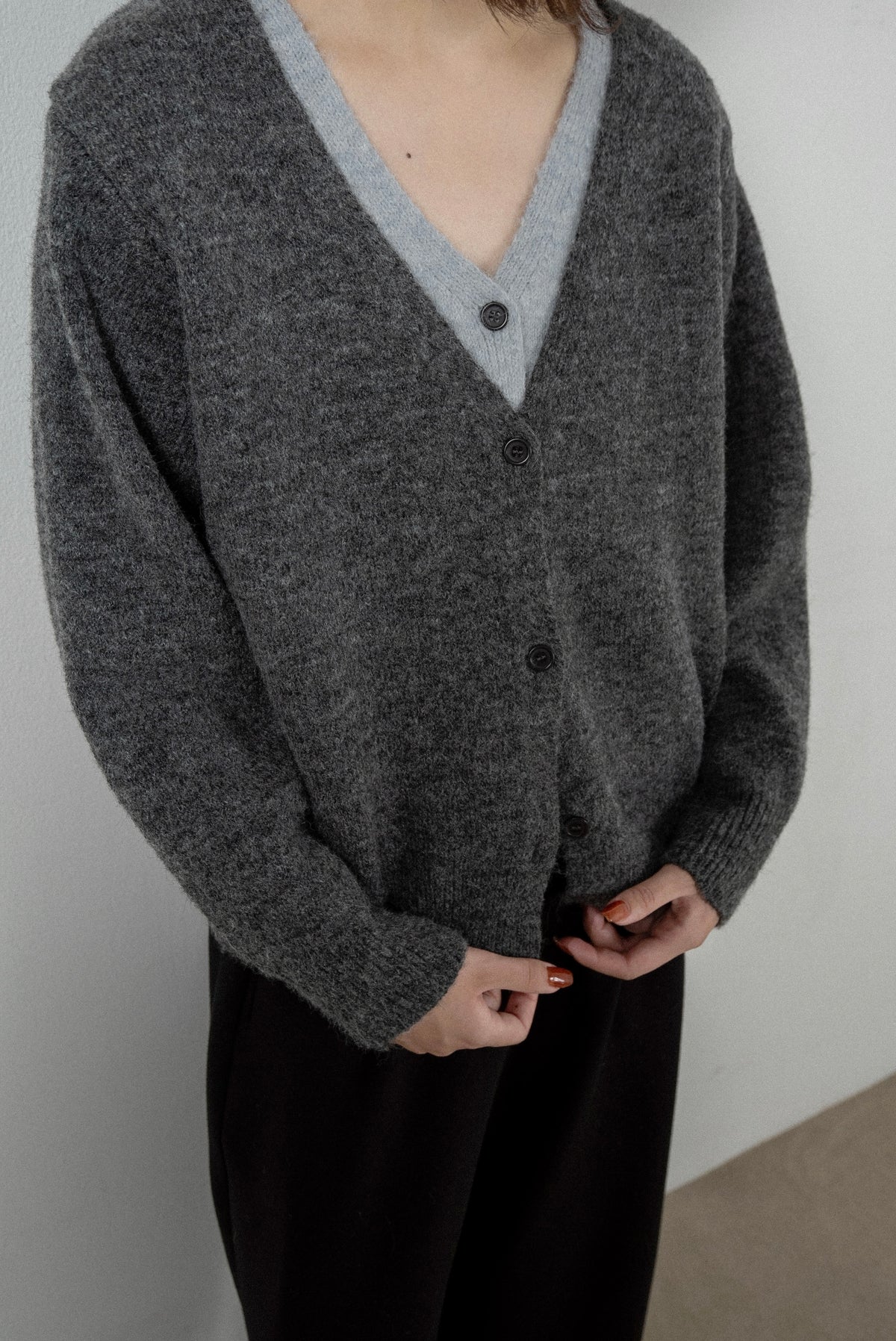 fluffy layered like double v neck cardigan