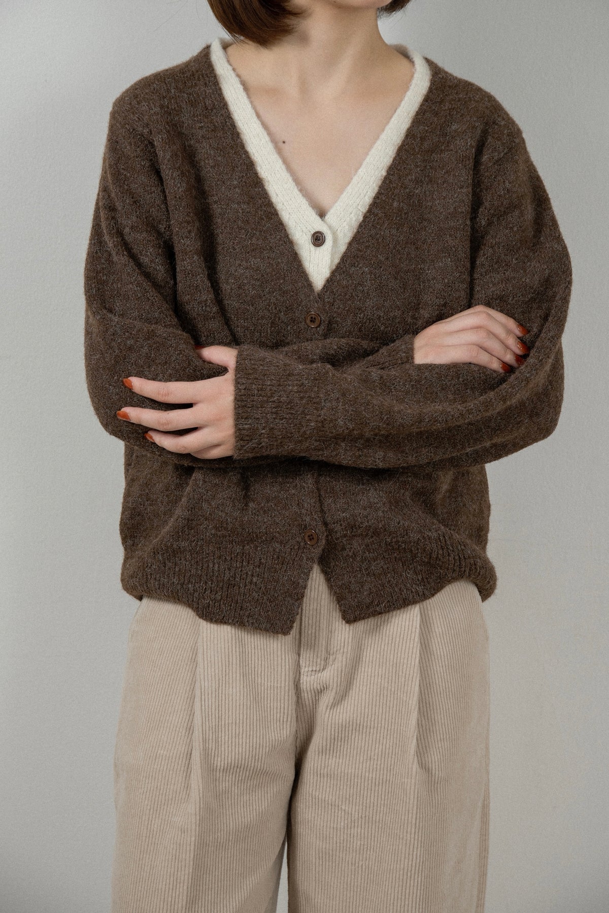 fluffy layered like double v neck cardigan