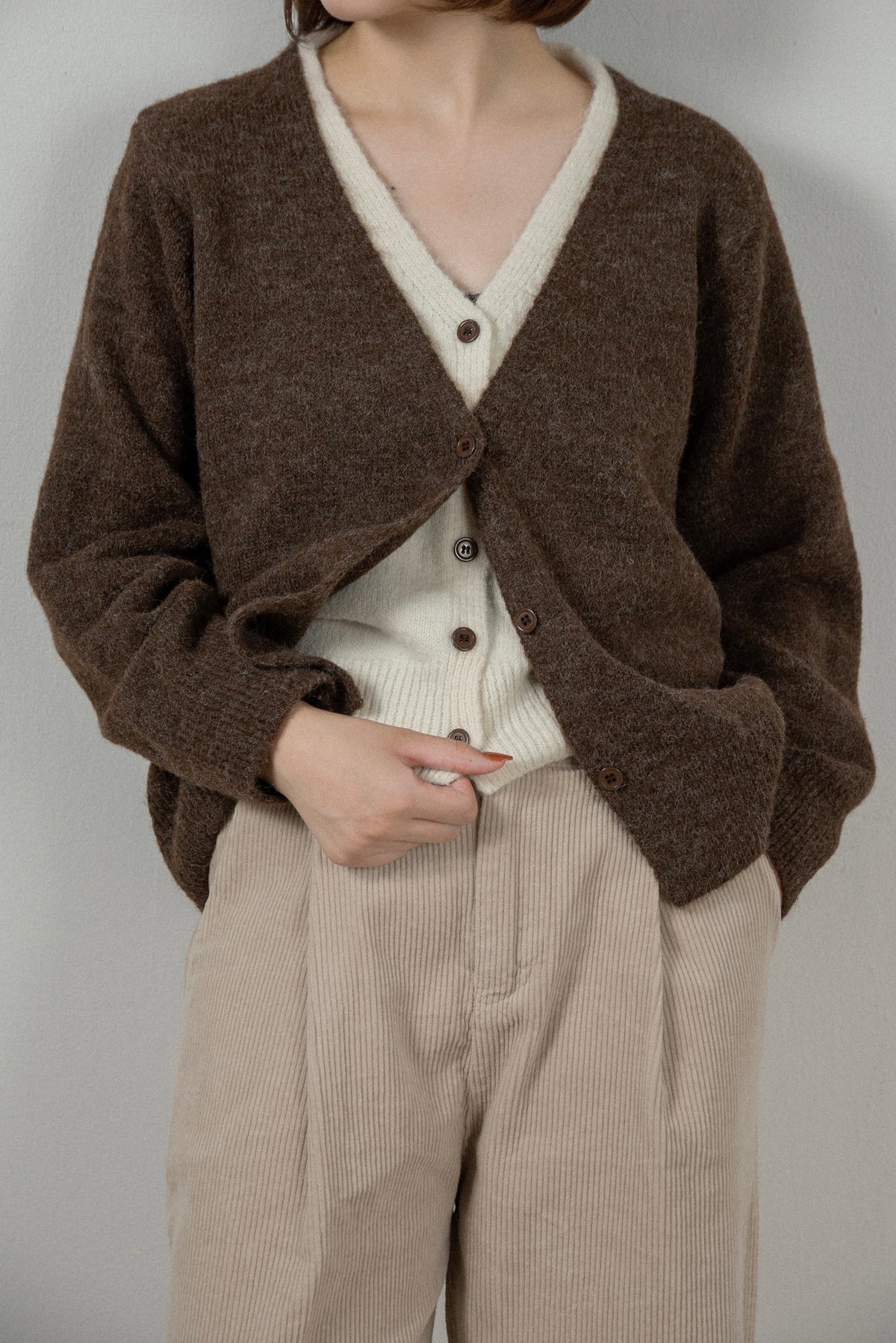 fluffy layered like double v neck cardigan