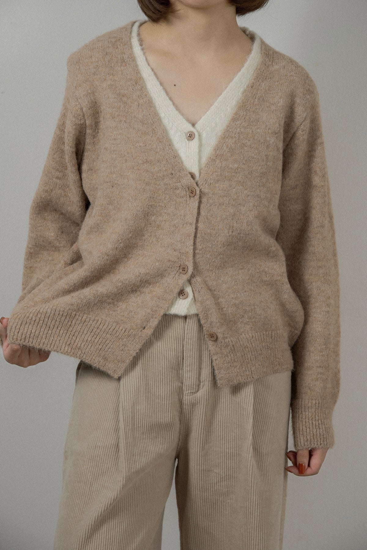 fluffy layered like double v neck cardigan